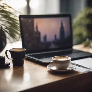 Schöner Schreibtisch mit Kaffee, Schreibblock und Laptop (Blogartikel über Teilzeitjobs)
